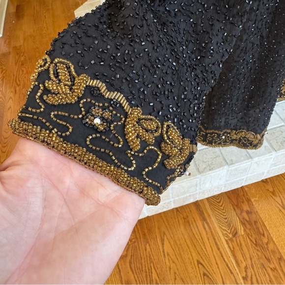 Scala Vintage Black Beaded Silk Open Front Evening Jacket Gold Boarder XL - Picture 3 of 10